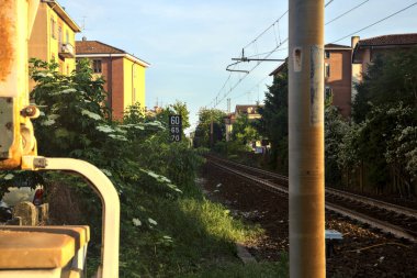 Gün batımında bir korulukta tren yolu.