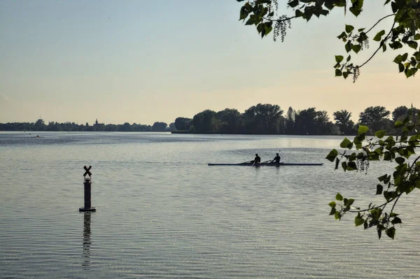 Gün batımında gölde kanolar