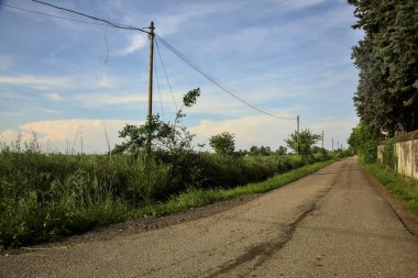 Sınırlarla çevrili bir yol ve İtalya kırsalında güneşli bir günde bir tarlanın yanında bir su deresi.