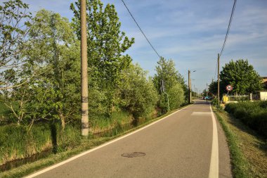 Ağaçlarla çevrili bir köy yolu ve güneşli bir günde bir dere.