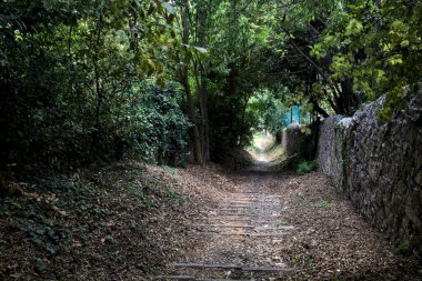 Taş duvarlarla çevrili bir korulukta inen patika.