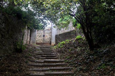 Bir korulukta taştan duvarlarla çevrili, tepeye çıkan merdivenler kapalı bir kapıya uzanan ağaçlarla kaplı.