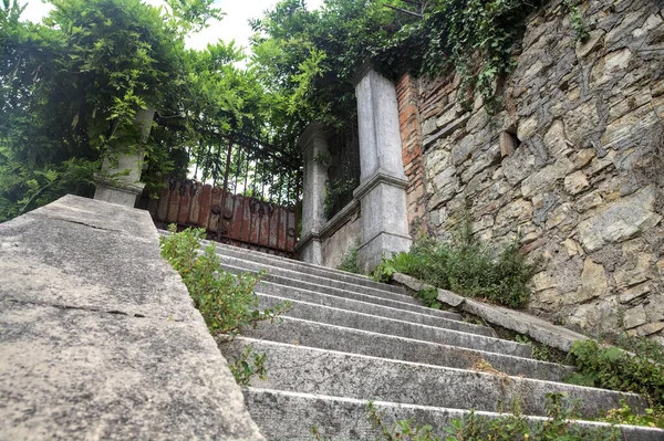 Escalera Piedra Gastada Que Conduce Una Puerta Oxidada Junto Una — Foto de Stock