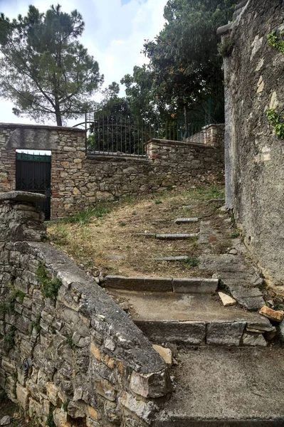 Kamienne Schody Ścieżce Zamkniętą Bramą Kamiennej Ścianie Pochmurny Dzień — Zdjęcie stockowe