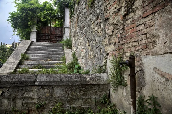 Worn Stone Staircase Leads Rusty Gate Next Stone Wall Cloudy — Photo