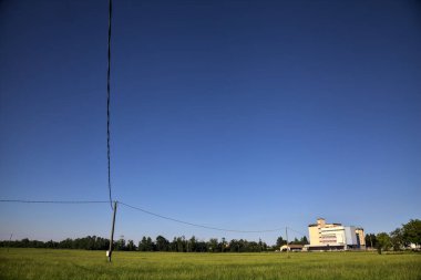 Güneşli bir günde uzak bir yerde bir depo ve koruluğu olan ekilmemiş bir arazi.