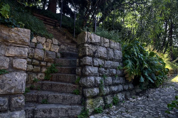 Stenen Trap Gemaakt Een Stenen Muur Een Park — Stockfoto