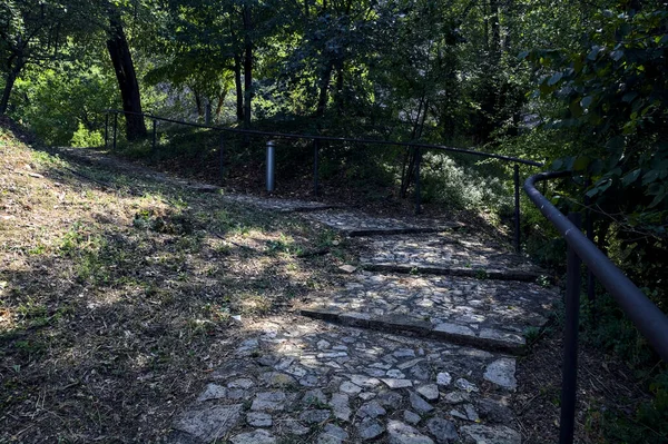 Doblar Camino Empedrado Sombra Con Riel Parque Día Soleado — Foto de Stock