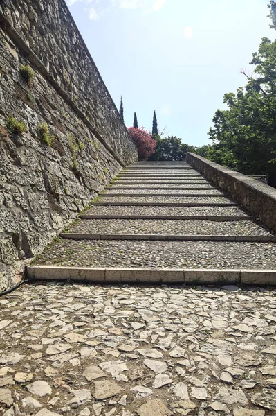 Cobbled Passage Steps Next Stone Wall Castle Sunny Day — Foto de Stock