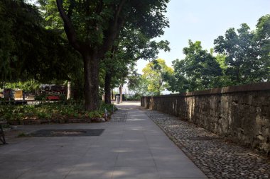 Güneşli bir günde, parkta, bir taşın yanındaki patika.