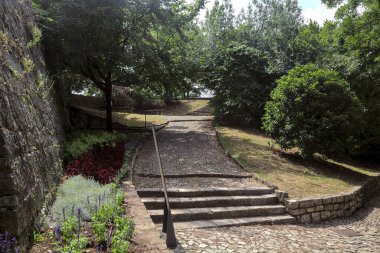 Güneşli bir günde parktaki banklara giden adımlar.