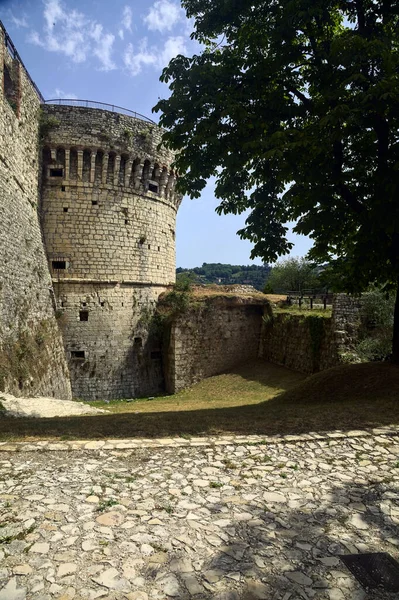 Stone Wall Tower Castle Trees Sunny Day — 스톡 사진