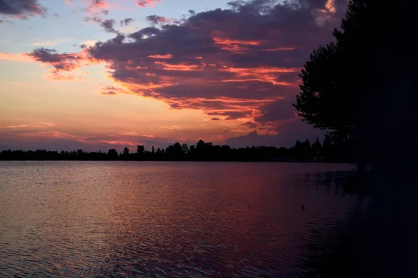 Sonnenuntergang Über Einem See Sommer Mit Ufersilhouette — Stockfoto