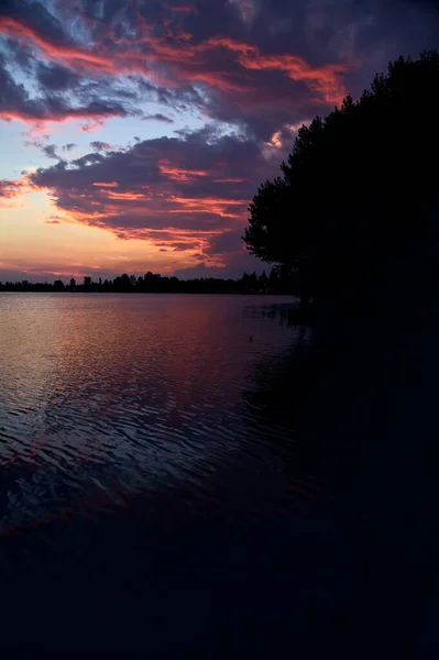 Sunset Lake Summer Silhouette Shores — Stockfoto