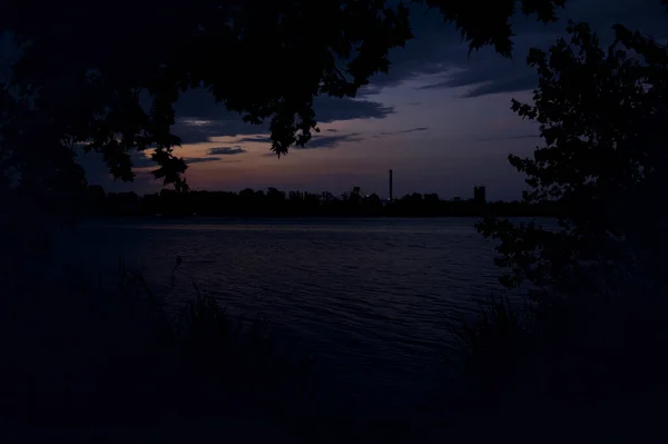 Sunset Lake Factory Distance Framed Trees — Stockfoto
