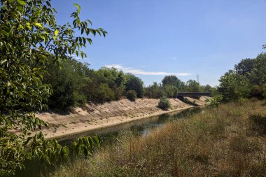 Diversionary channel with trees on a summer day in the italian countryside