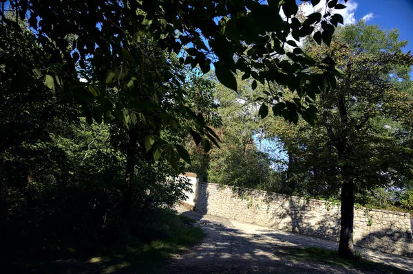 Sentiero Sterrato Che Conduce Una Strada Accanto Muro Pietra Bosco — Foto Stock