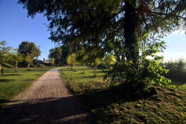 Gün batımında göl kıyısındaki bir parkta toprak yol.