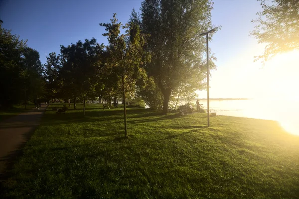 Asfalterad Stig Park Vid Sjön Vid Solnedgången — Stockfoto