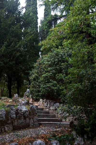 Stone staircase by the edge of a slope in a park