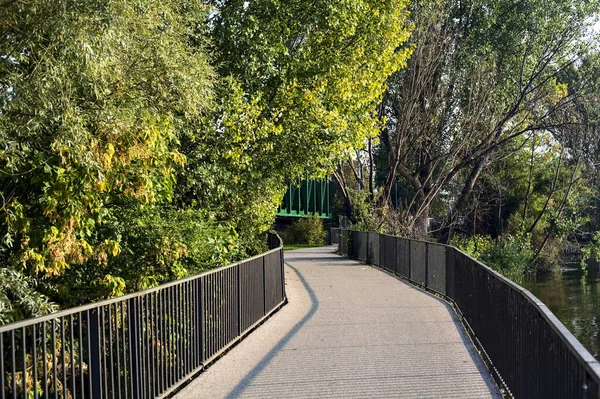 Ponte Sobre Lago Parque Pôr Sol Emoldurado Por Árvores — Fotografia de Stock