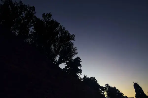 Sonnenuntergang Himmel Mit Silhouette Von Bäumen Und Einer Mauer — Stockfoto