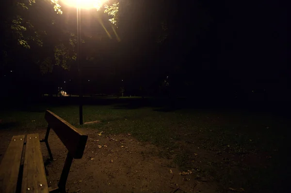 夜の街路灯の下の公園の木のベンチ — ストック写真