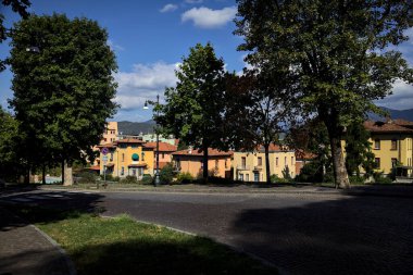 Güneşli bir günde tepede ağaçlarla çevrili yükselen bir yol.