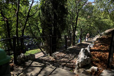 Bulutlu bir günde taştan bir merdivenle bir parkta yol ayrımı yaptım.