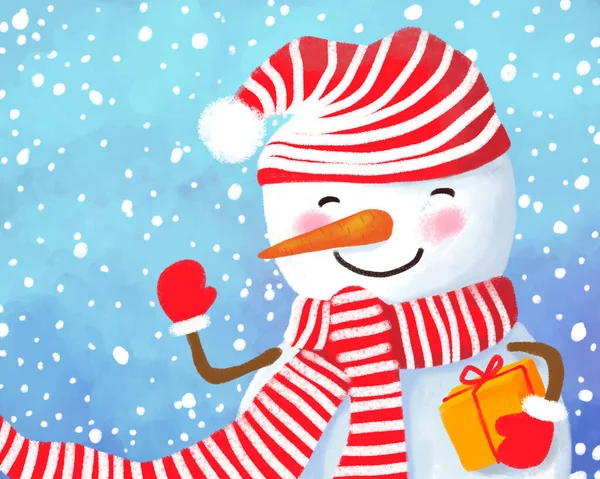 クリスマスかわいいお祝いブルーイラストバナー 雪を背景に笑顔で手にした雪男が — ストック写真