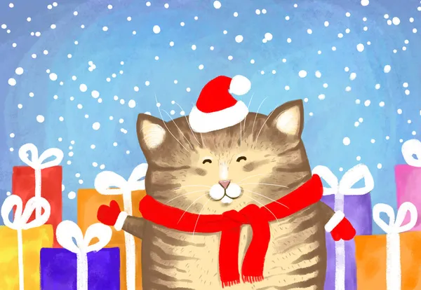 Karácsony Aranyos Vidám Élénk Színű Kézzel Rajzolt Rajzfilm Illusztráció Egy — Stock Fotó