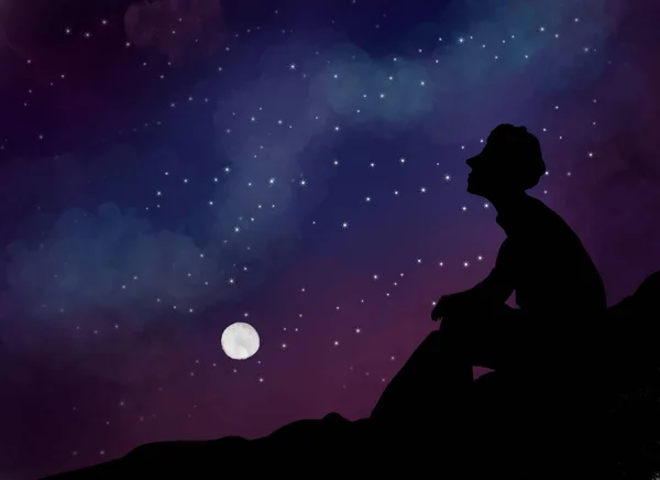 Silueta Hombre Bajo Cielo Estrellado Noche Luna Llena — Foto de Stock