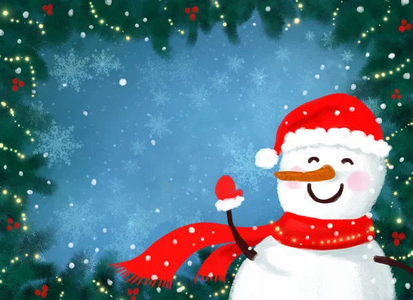 Natal Inverno Ilustração Banner Cartão Postal Com Moldura Boneco Neve — Fotografia de Stock