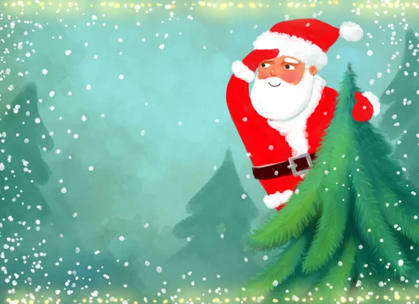 Weihnachtsbanner Flyer Postkarte Weihnachtsmann Auf Einer Kiefer Die Die Ferne lizenzfreie Stockfotos