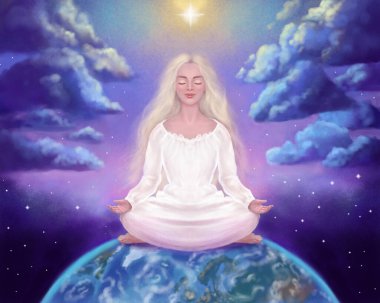 Ruhsal uyanış, meditasyon. Uzaydaki kız evrenin arka planında meditasyon yapıyor.