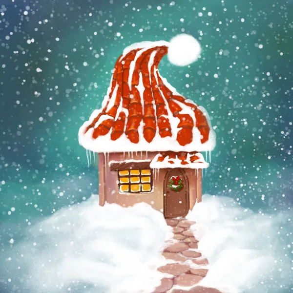 drawing christmas winter card. a house that stands under the snow, and a path to it. Roof like a santa hat
