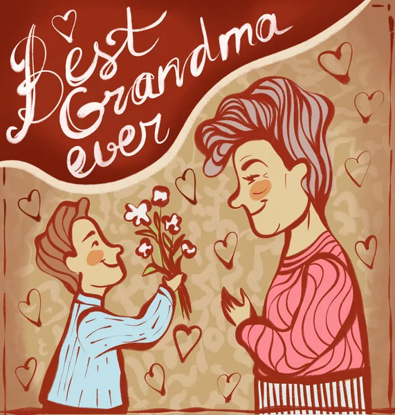 Büyükanneme Yazılmış Iyi Büyükanneme Güzel Bir Kart Buketi Olan Çocuk — Stok fotoğraf