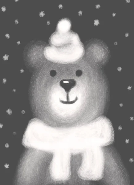 Монохромный Милый Забавный Простой Нарисованный Детский Медведь Шляпе Шарфе Снегопадом — стоковое фото