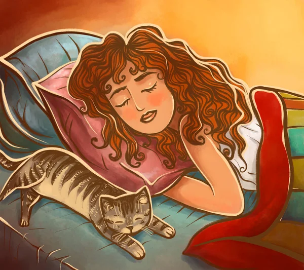 Colorful Illustration Girl Sleeping Bed Cat Relaxation — Stock Photo, Image