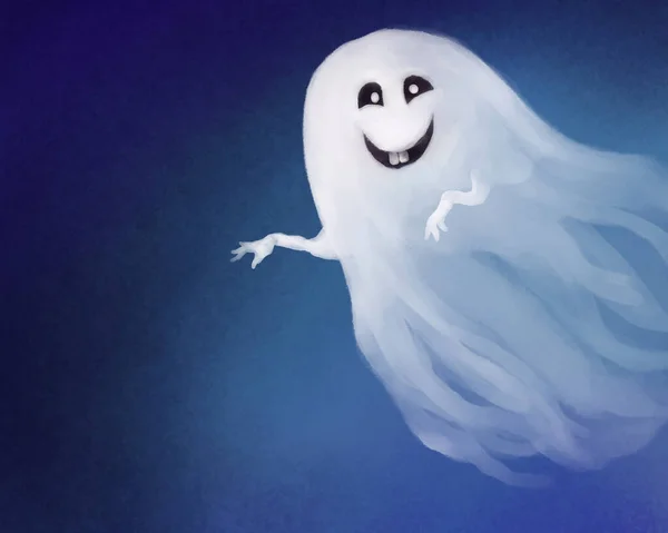 Illustration Cute Funny Drawn White Ghost Smiling Friendly Ghost Blue — Foto Stock