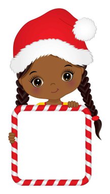 Mesajını Özelleştirmek için elinde Noel Şekeri Çerçevesi Tutan Tatlı Afrikalı Amerikalı Kız. Banner 'lı Vektör Siyah Kız