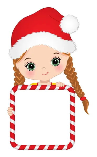 Menina bonito segurando moldura de doces de Natal para personalizar seu texto. Vector Ruiva Menina com Banner — Vetor de Stock
