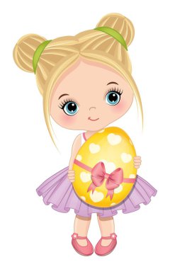 Paskalya yumurtası tutan tatlı küçük bir kız. Küçük kız sarışın, mavi gözlü ve iki popolu. Paskalya kızı vektör illüstrasyonu