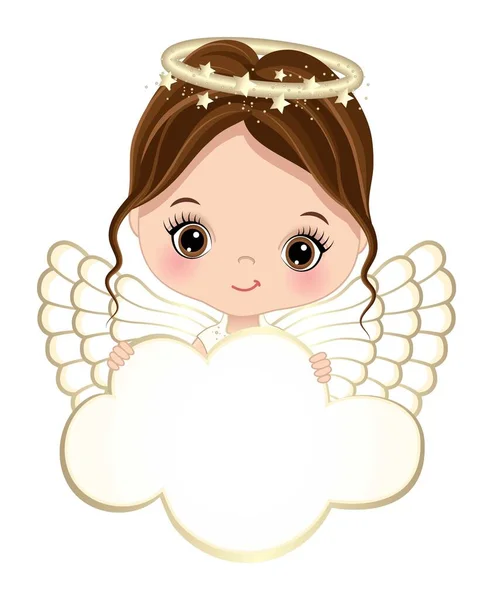 Bonito Ángel Natividad Sosteniendo Nube Blanco Para Personalizar Texto Niña — Vector de stock