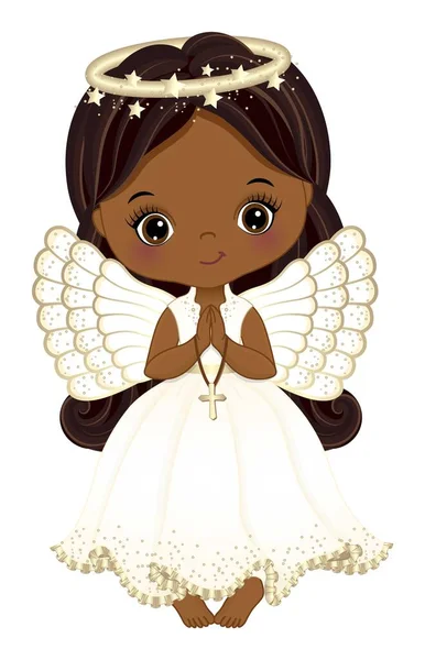 십자가를 귀여운 드레스를 천사의 반지를 아프리카 미국인 머리가 크리스마스 일러스트 — 스톡 벡터