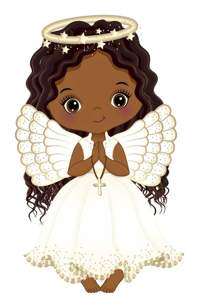 かわいいネイティブ天使のクロスを保持します 白い長いドレスと天使のハローリングを身に着けている小さなアフリカ系アメリカ人の女の子 黒の小さな女の子は長い髪で巻き付けられている クリスマスエンジェルベクトルイラスト — ストックベクタ