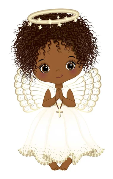 かわいいネイティブ天使のクロスを保持します 白い長いドレスと天使のハローリングを身に着けている小さなアフリカ系アメリカ人の女の子 黒の女の子は巻き毛だ クリスマスエンジェルベクトルイラスト — ストックベクタ