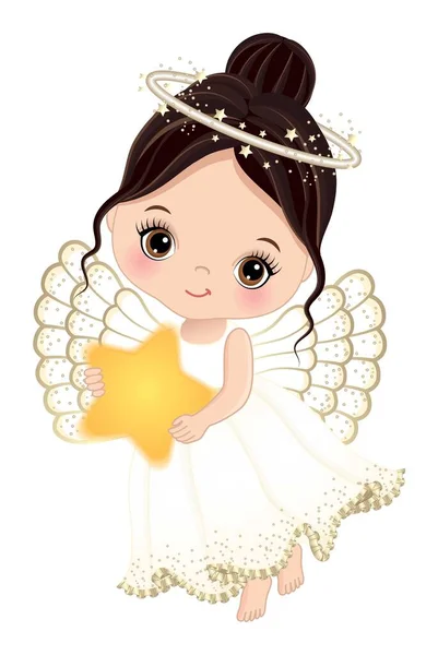 Cute Nativity Angel Holding Golden Star Little Girl Dark Haired — Stock Vector