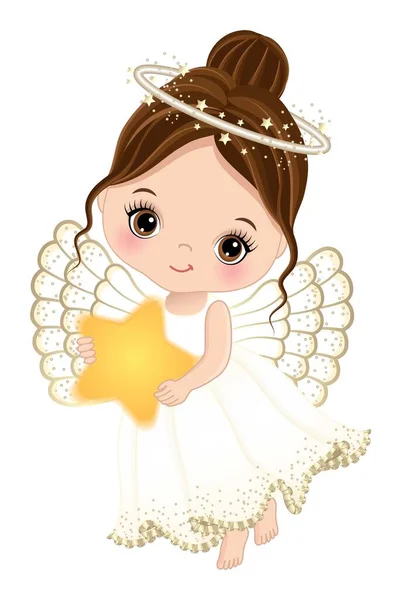 黄金の星を持つかわいいネイティブ天使 小さな女の子は長い白いドレスを着てヘーゼルの目を持つブルネットです クリスマスエンジェルベクトルイラスト — ストックベクタ