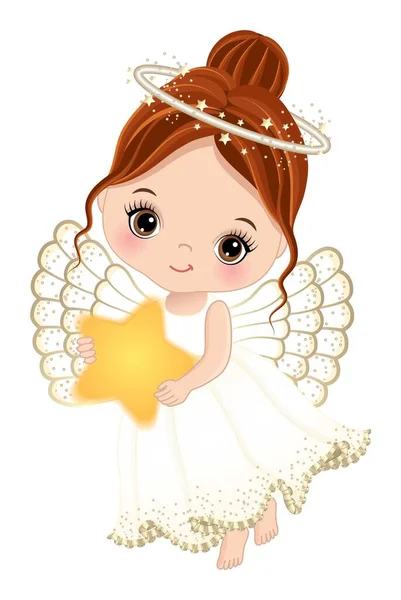 Cute Nativity Angel Holding Golden Star Little Girl Redheaded Hazel — Stock Vector